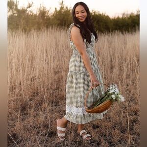 Vici Size XL Bibi Eyelet Lace Gingham Midi Dress - Green & White